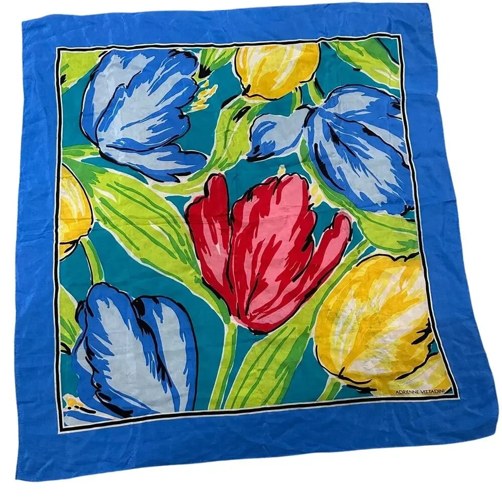 Adrienne Vittadini Vintage Silk Neck Scarf Botanical Floral Color Block 30x30